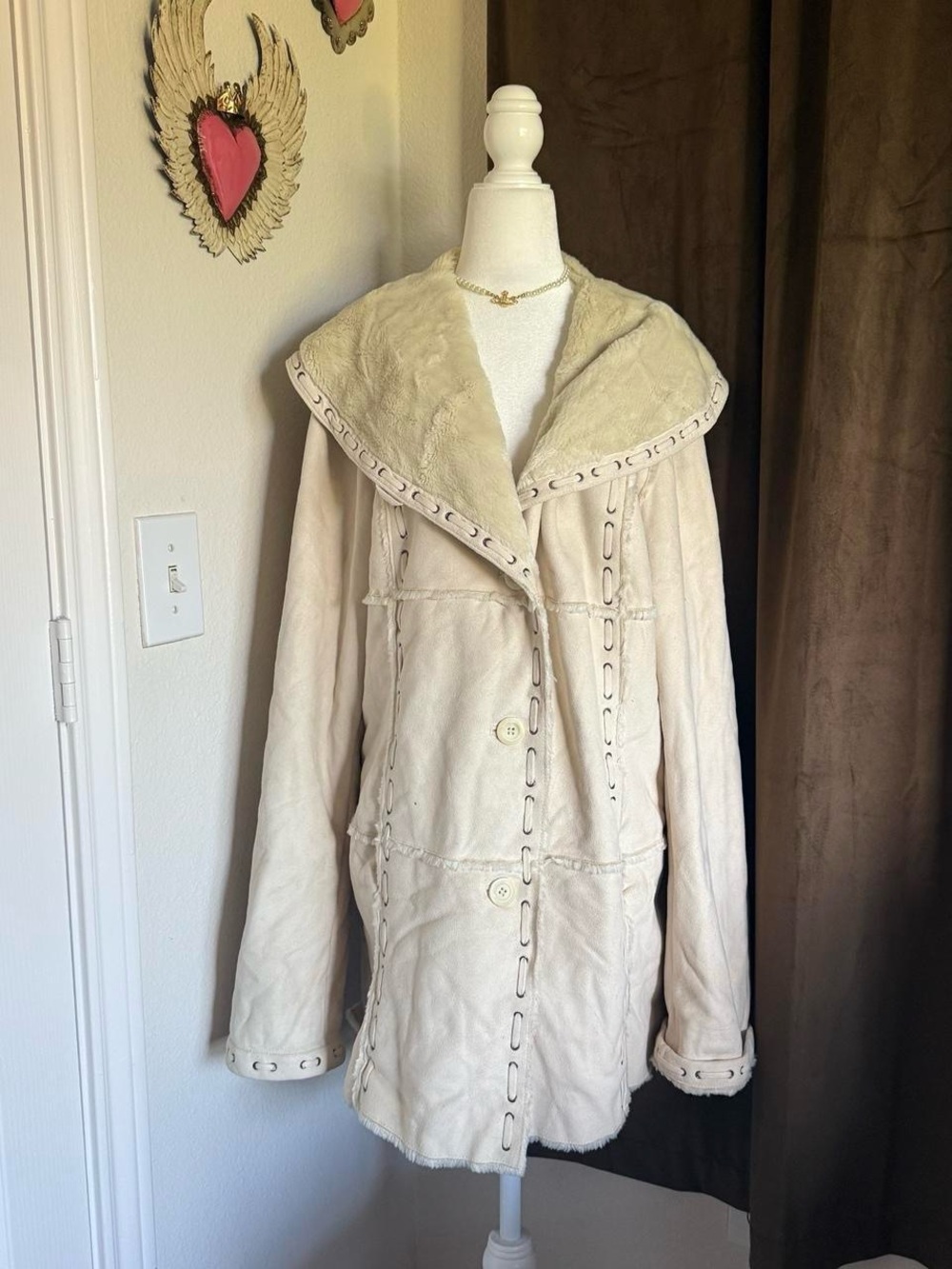 Dennis Basso Penny Lane Cream Faux-Shearling Hooded Coat Women’s XL